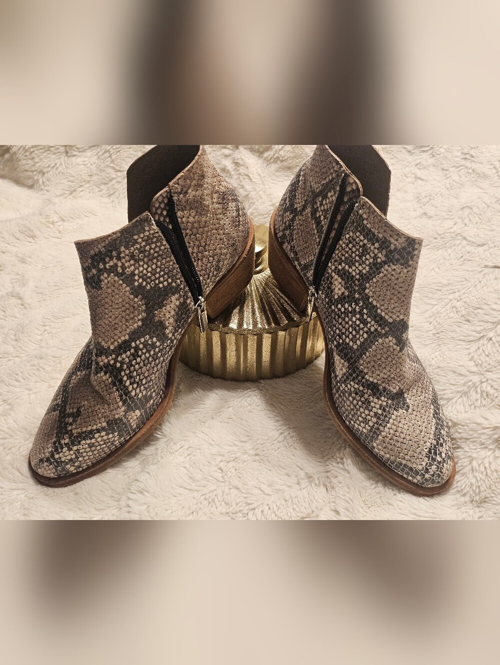 Vince Camuto Snake-Print Ankle Booties in Taupe and Black